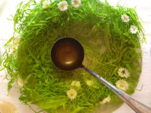 Tolle Deko: die fertige Maibowle in einer Glasschüssel